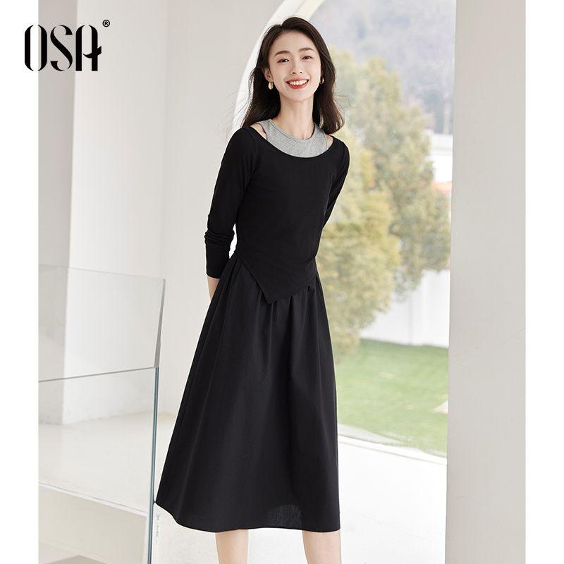 

OSA OSHA Idle Style Fake Two-Piece off-Shoulder Dress Women s Autumn 2024 New Design Sense Slimming Dress Black S