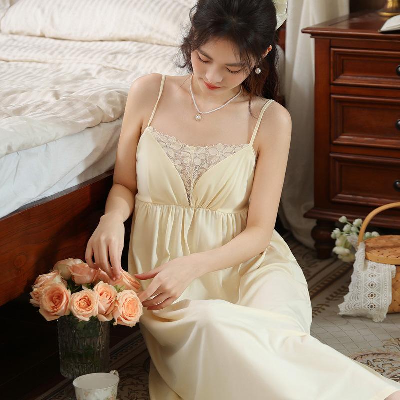 Suspender Nightdress Women's Summer Cotton Sexy Pure Desire Long Princess French Pajama Skirt with Chest Pad Can Be Worn Outside Loungewear