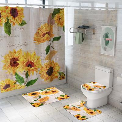 Cortina de ducha con diseño de margaritas y rosas, juego de alfombrillas de poliéster, alfombra antideslizante, accesorios de baño
