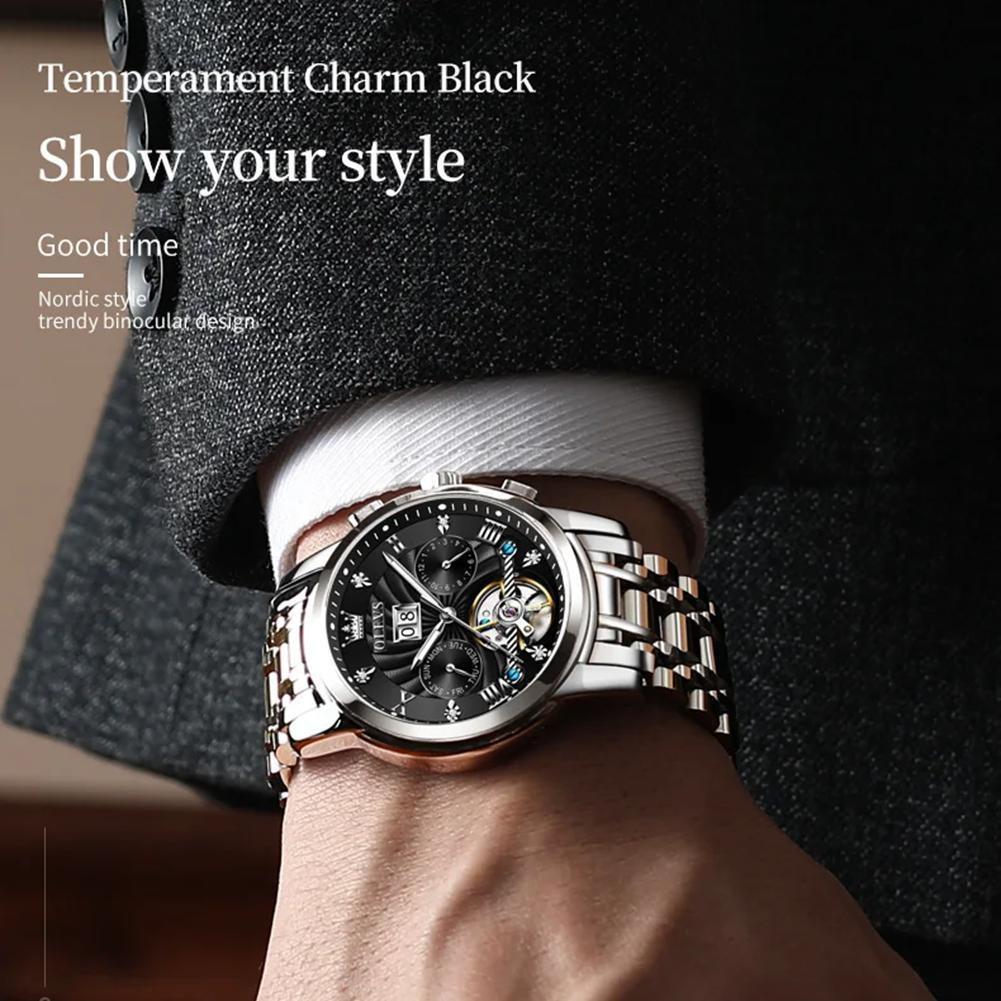 OLEVS Luxury Gold Tourbillon Mechanical Watch for Men Stainless Steel Waterproof Luminous Date Business Mens Watches