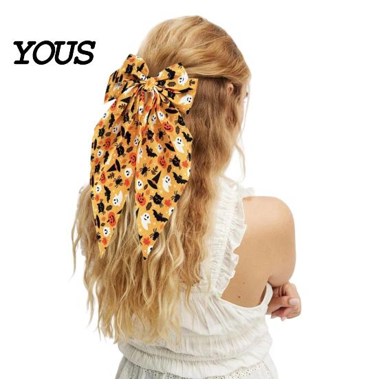 Bat Theme Hair Decoration Halloween Silky Satin Bows, Big Ribbon Bow Clips, Oversized Funny Holiday Clip Long Tail Barrettes, Cute Accessories