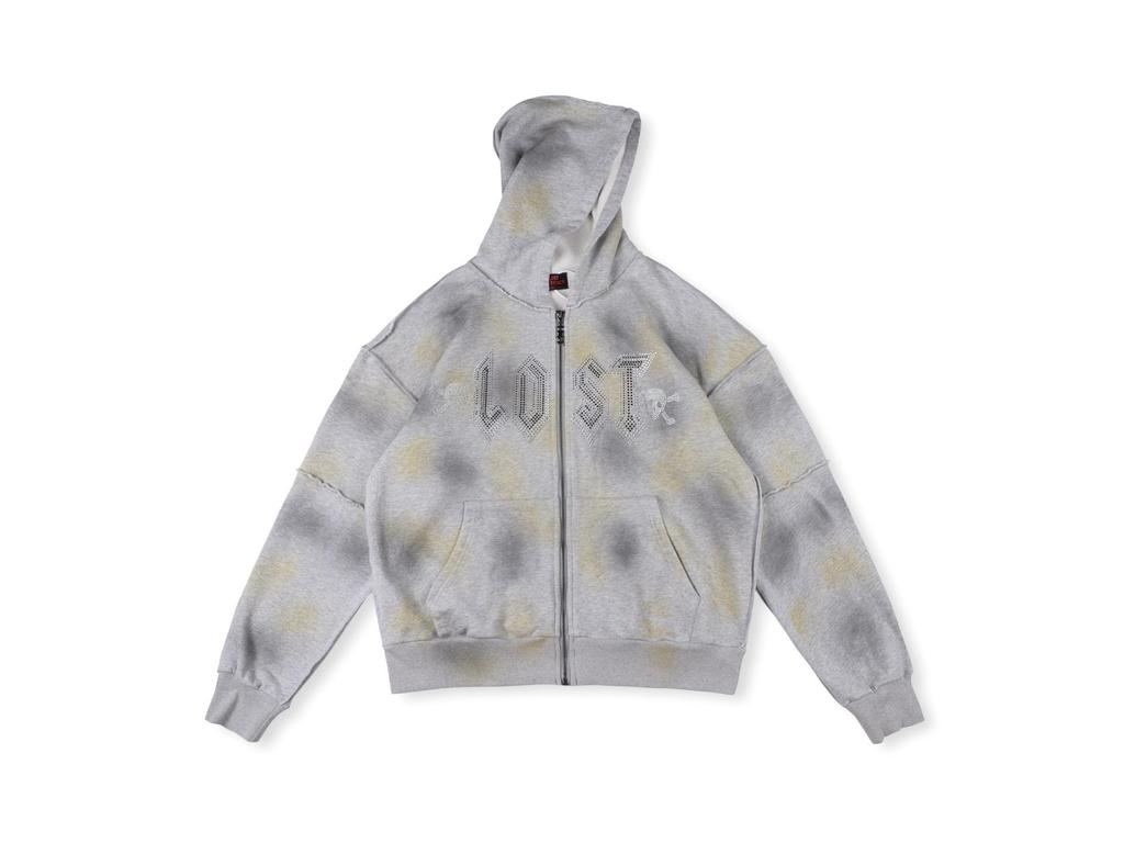 24FW American Street Style Skull Rhinestone Zip-Up Hoodie Sweatshirt with Large Logo