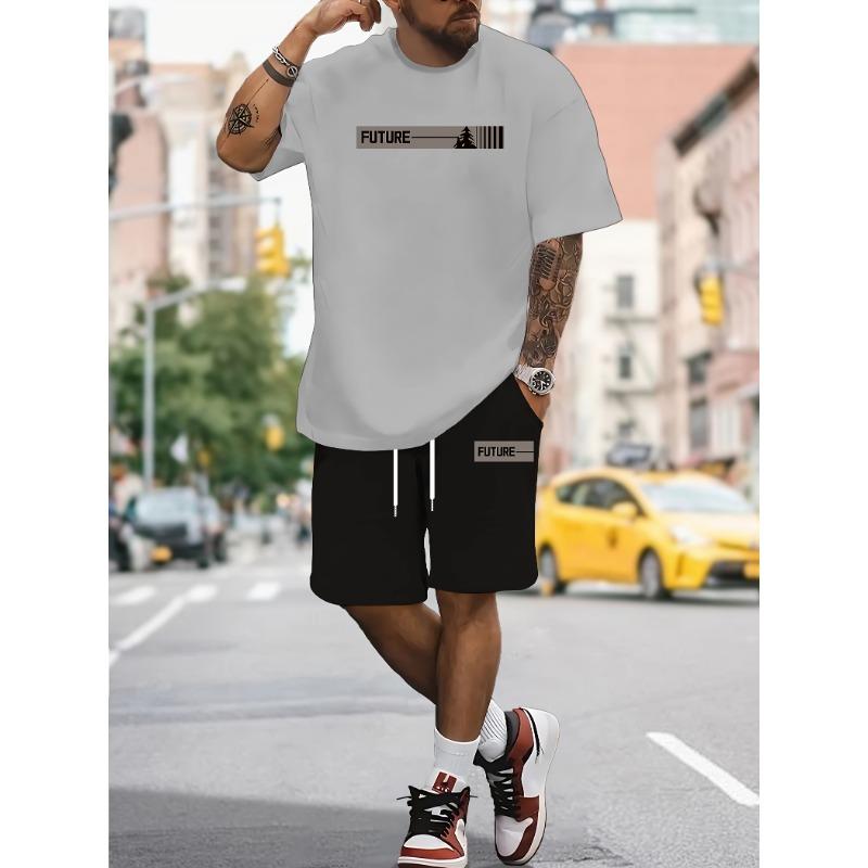 Printed Men's 2-piece Round Neck Short Sleeved Top and Shorts Set for Comfort