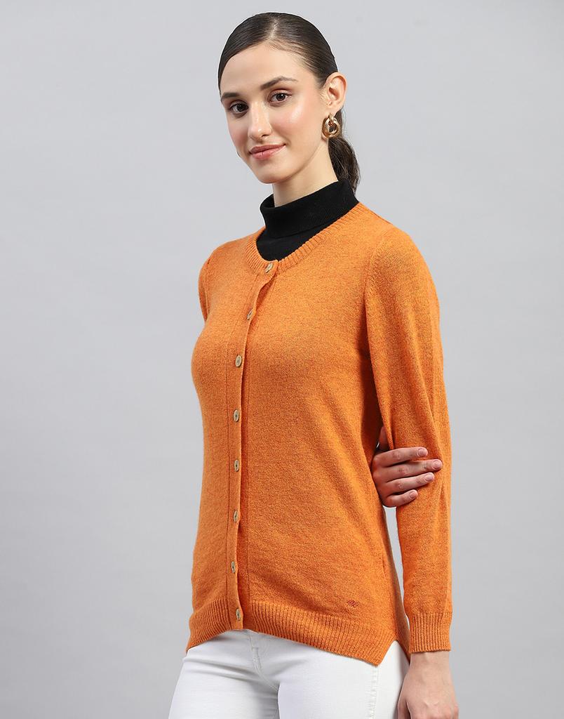 MONTE CARLO Womens Orange Solid Round Neck Full Sleeves Cardigan
