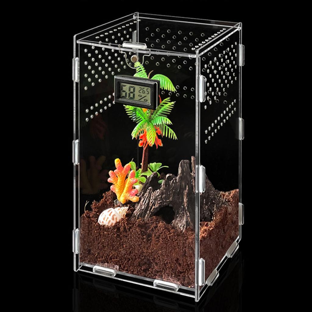 Insect Feeding Box Acrylic Transparent Cases with Temperature Hygrometer for Spiders Reptiles Lizards Centipedes
