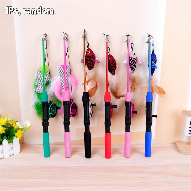 1Set Telescopic Cat Toy Fish Type Telescopic Feathers Funny Cat Stick Toys Pet Toy For Kitten Rods Simulation Fishing Rod