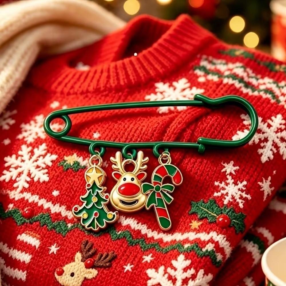 Fashion Christmas Dangle Safety Pin Enamel Alloy Christmas Decor Brooch Pin Cartoon Rust-proof Reindeer Tree Charm Brooch