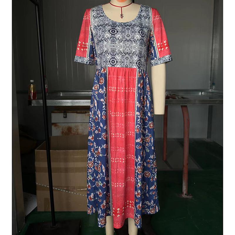 Sommer Böhmisch Bedrucktes Übergröße Damenkleid Mode Rundhals Kurzarm Lässige Lange Kleider Damen Elegant A-Linie Urlaubs Strandkleid 26653