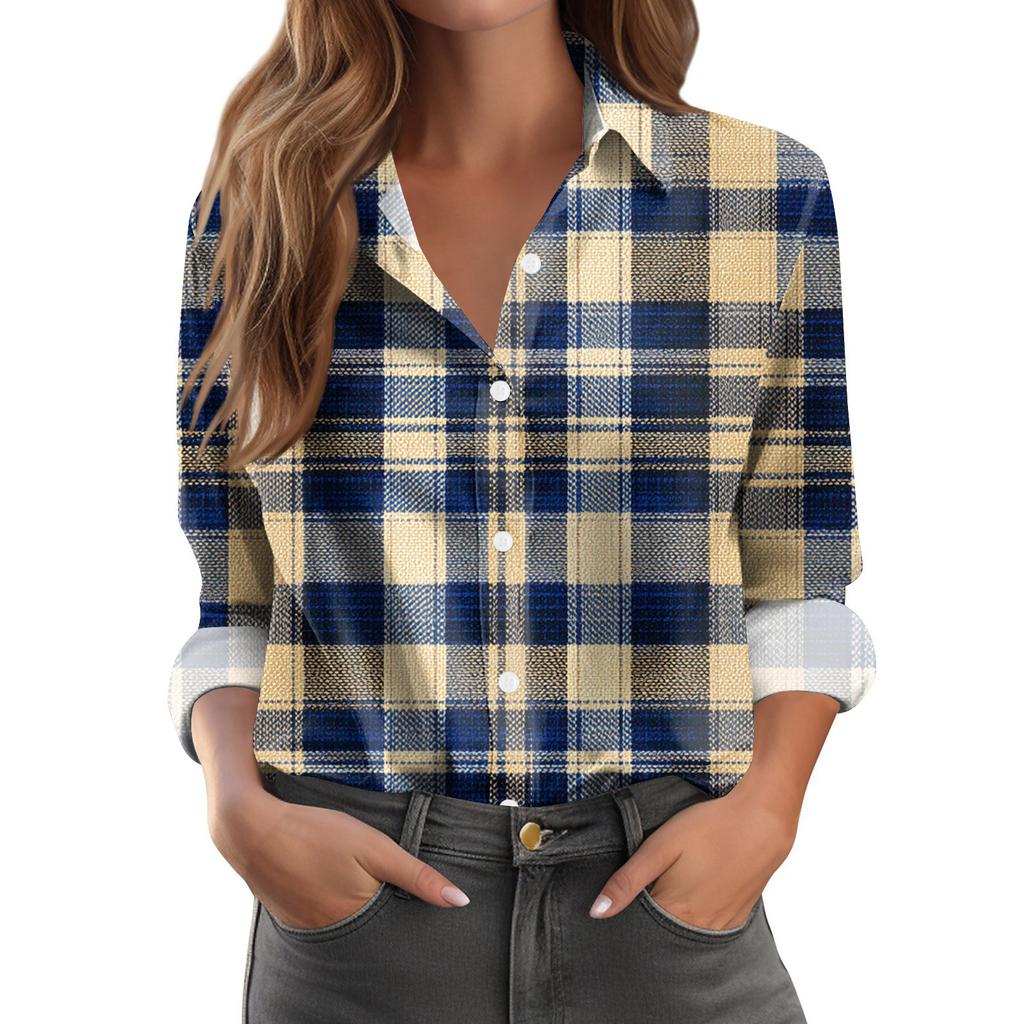Women's Casual Fashion Plaid Print Half-Open Collar Long Sleeve Shirt