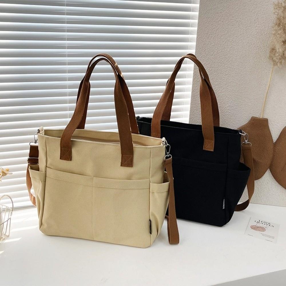 Multi-Pocket Canvas Handbag Zipper Commuting Crossbody Bag Simple Large Capacity Tote Bag Daily