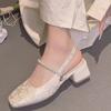 Guofeng New Chinese Pearl Sandals Women's 2025 New Single Shoes Thick Heels Women's Shoes Middle Heel with Cheongsam Shoes High Heels