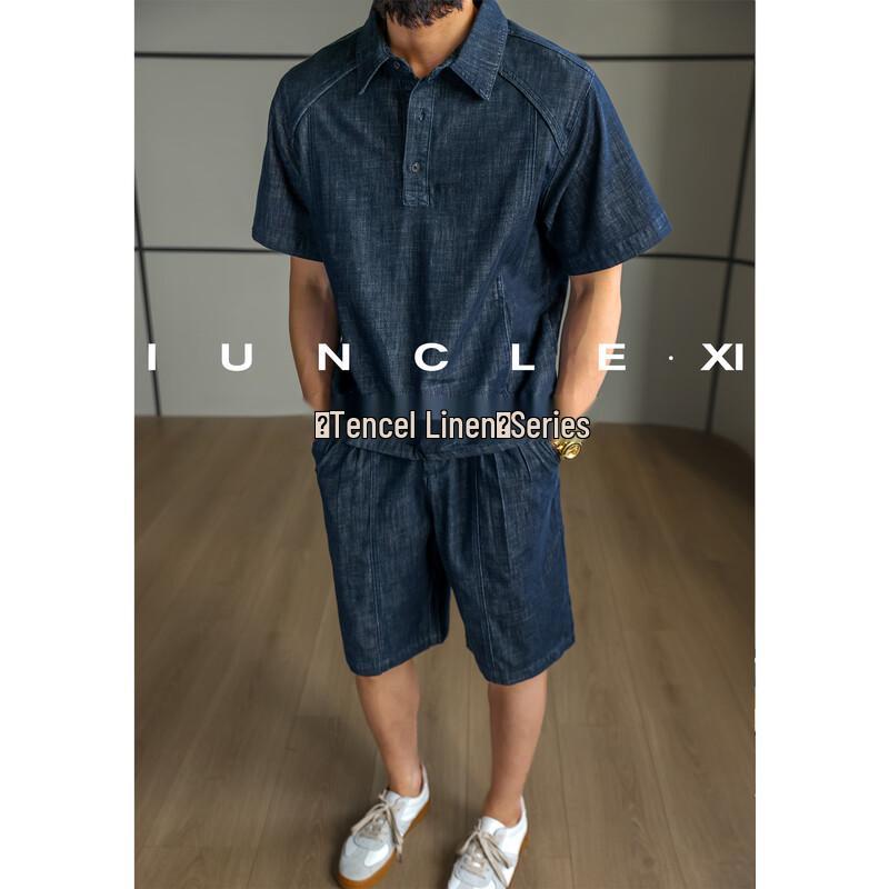 iunclexi Men s Tencel Linen Polo & Shorts Set 2XL