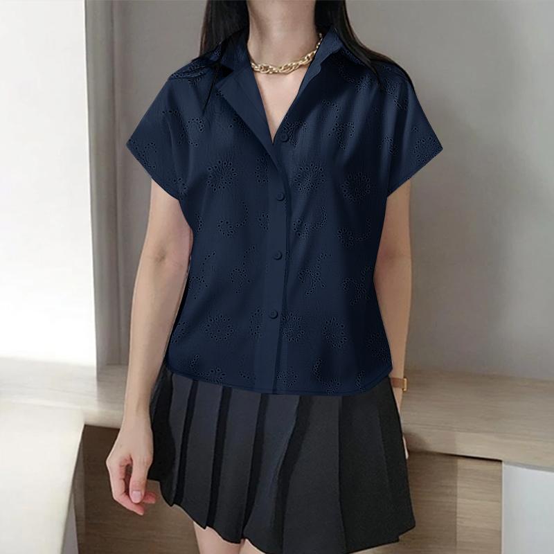 

ZANZEA Женская повседневная блузка с отложным воротником, свободного кроя, с короткими рукавами и ажурной отделкой 4XL темно-синий