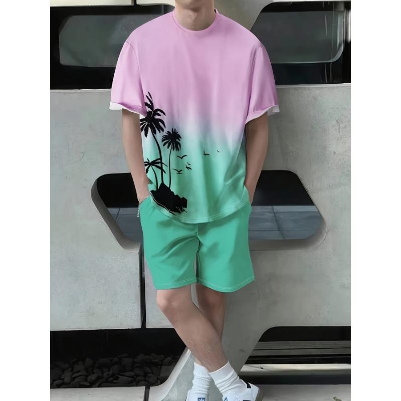 

Coconut And Bird Pattern Printed Short Sleeve And Shorts Set Gradient Color Outdoor Men s Casual Suit XXL