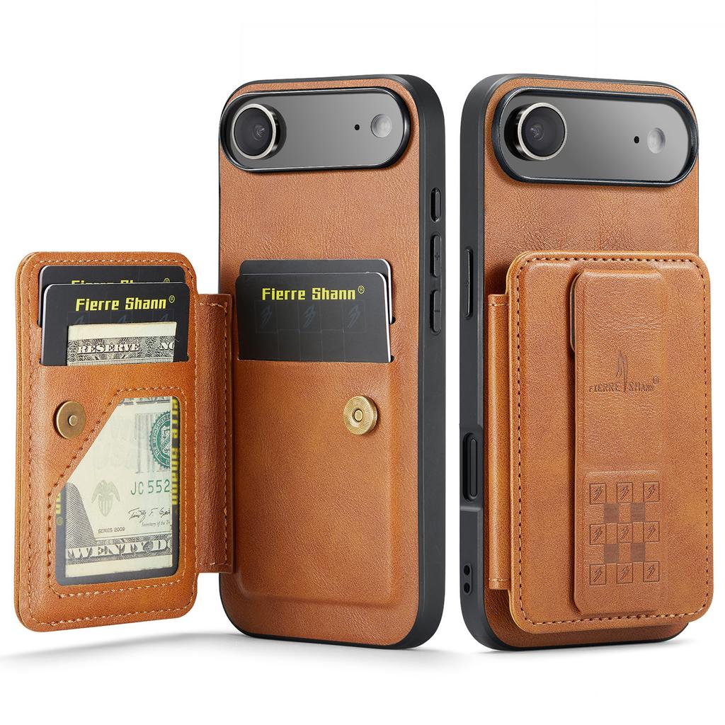 FIERRE SHANN 024 For iPhone Air Case Card Holder Kickstand Waxy Texture Leather + TPU Phone Cover