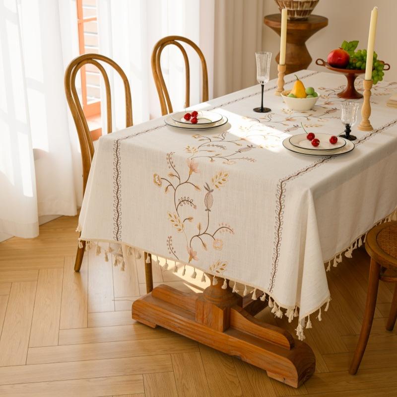 Embroidery High-Grade Waterproof Cotton And Linen Fabric Dining Table Cloth Rectangular Fringe Simple Tablecloth