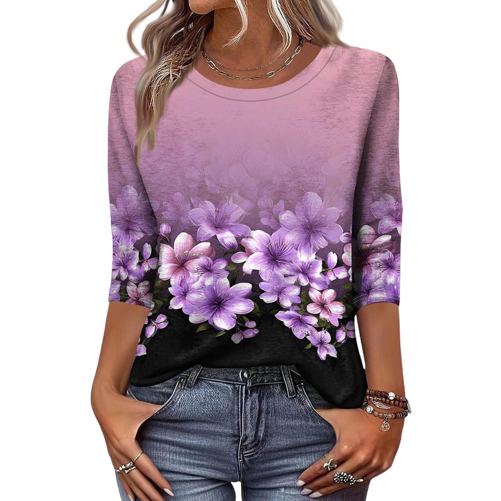 

Women s Fashion Casual Round Neck 3/4 Sleeve Loose Printed T-Shirt Ladies Top XL фіолетовий