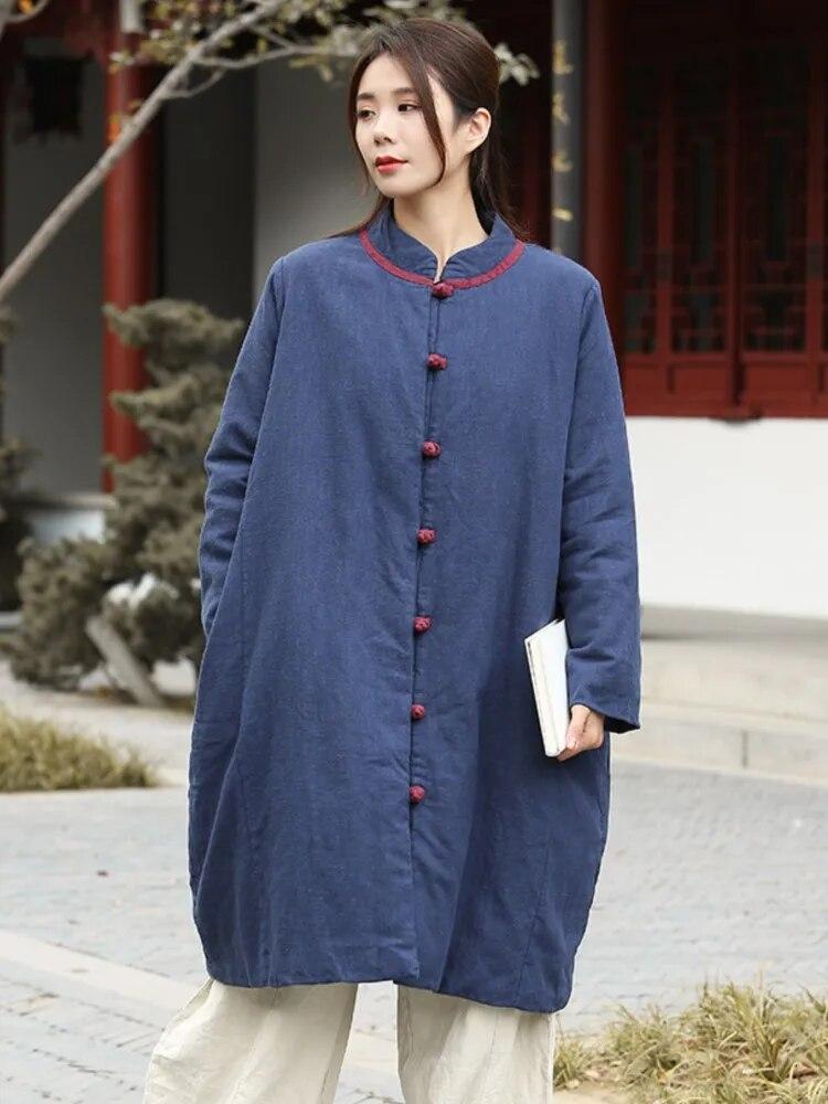 Johnature Women Vintage Ramie Parkas Stand Long Sleeve Button Chinese Style Winter Coats Loose Women Warm Parkas