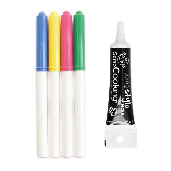 4 feutres alimentaires jaune, vert, rose, bleu + Stylo de glaçage noir