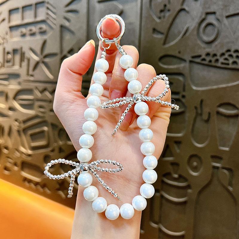 Flash Beaded Mobile Phone Chain Crystal Bow Key Bag Lanyard Pearl Mobile Phone Lanyard Small Gift