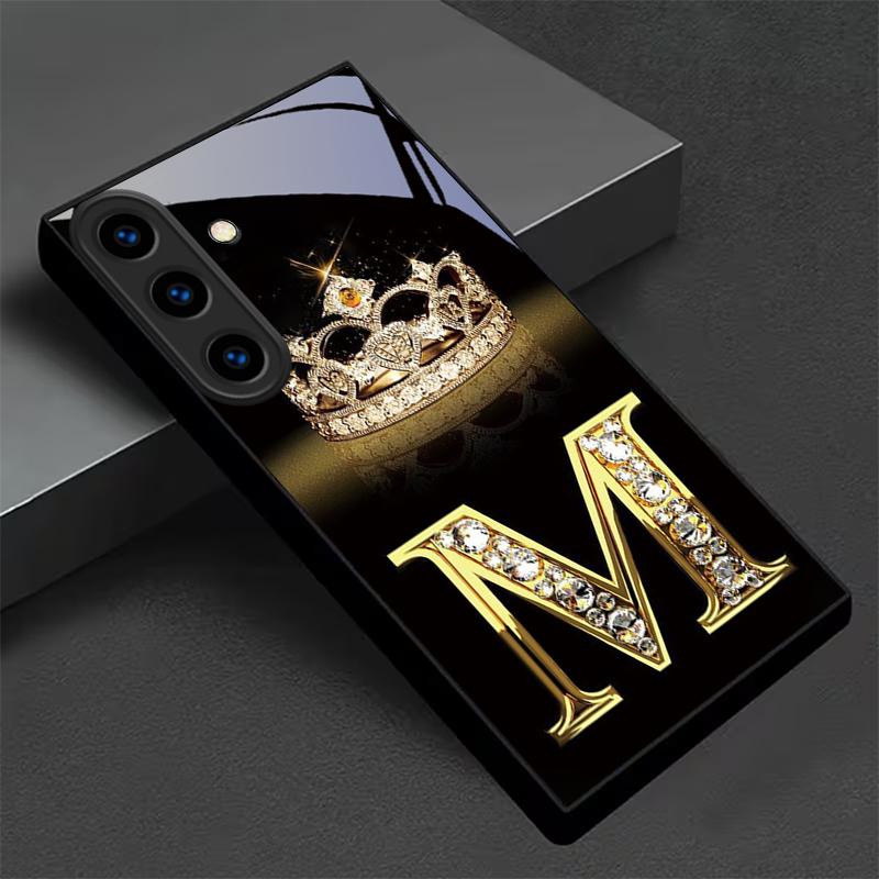 Diamond Crown Pattern Black Glass Phone Case For For Samsung Galaxy S26 S25 S26Ultra S25 Edge S24 FE S23 S22 S21 S20 Plus Cover