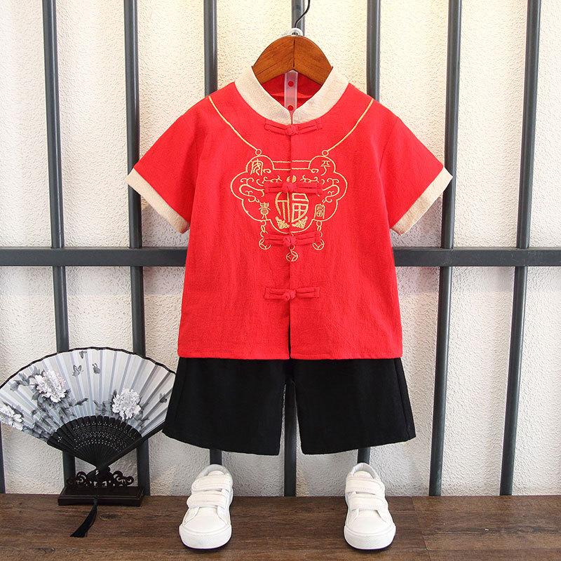 Chlapecký letní dvoudílný set Hanfu pro týden úplňku Krásný pro malé děti Čínský styl Letní oblečení Prodyšný Tang Suit Oblečení Set kalhot