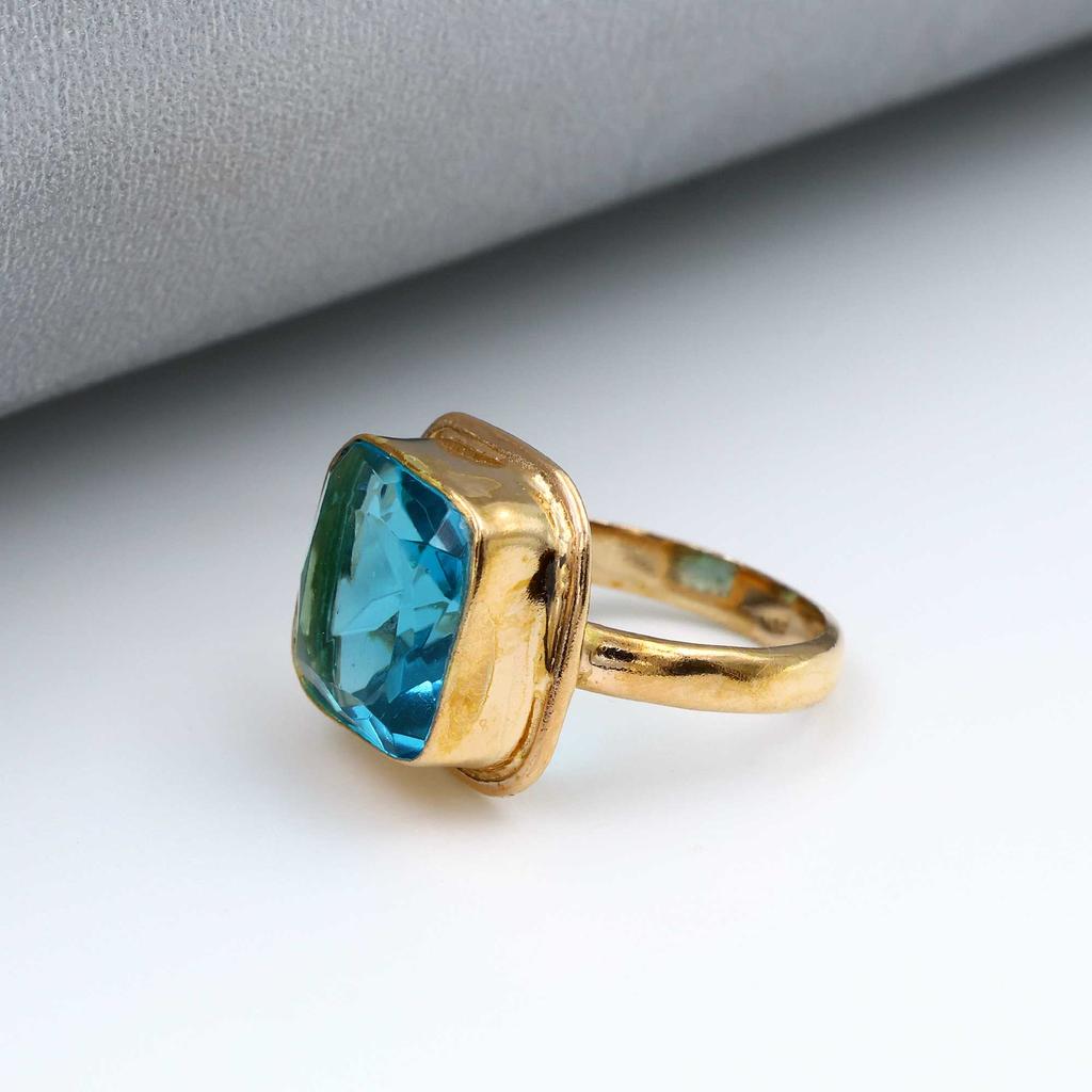925 Sterling Silver Lab Created Blue Topaz Gemstone Cushion Ring, Yellow Gold Ring, Handmade Ring, Designer Ring