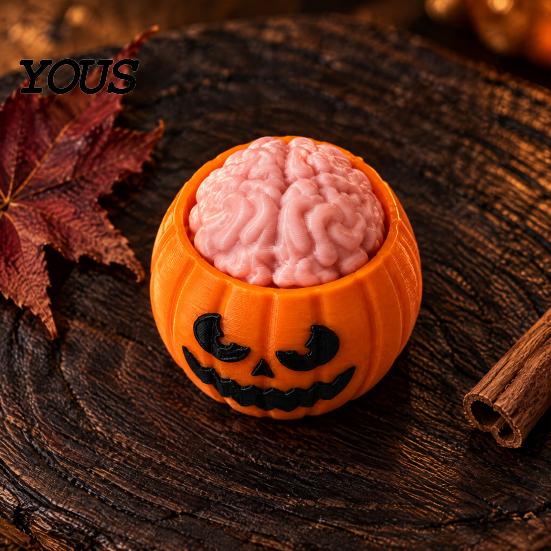 Desktop Plaything Halloween Pumpkin Stress Relief Toy, 3D Printed Sensory Fidget Realistic Gift for Friends Soft Rebound Brain Shape Squeeze