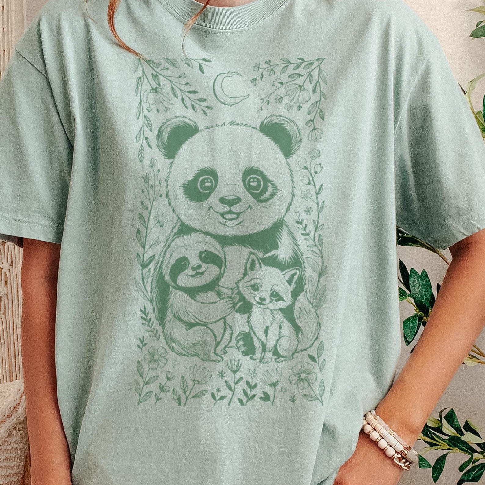 Woodland Creatures Panda Sloth Fox Botanical T-Shirt, Moon Phases Nature Tee 130