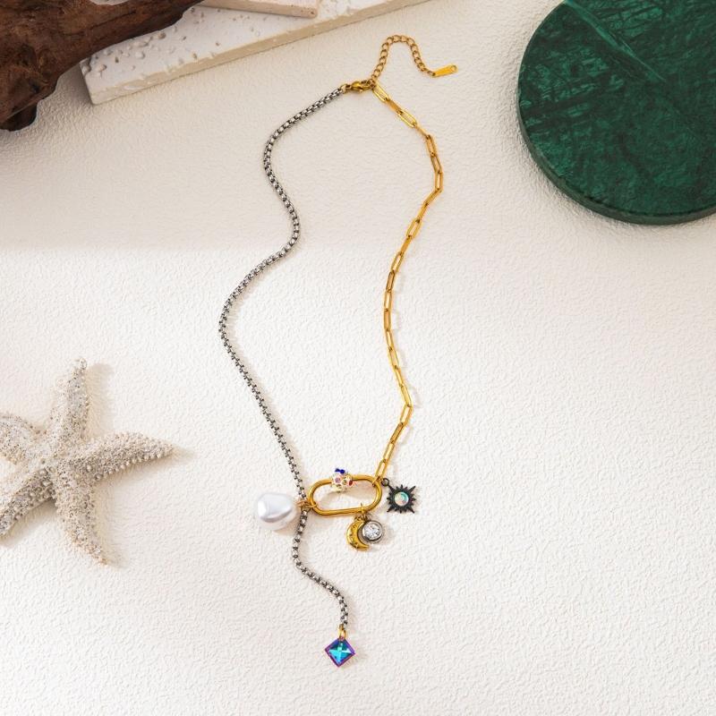 Stylish Splicing Pendant Clavicle Chain Jewelry Titanium Steel Necklace with Moon Star Pearls for Everyday Wear