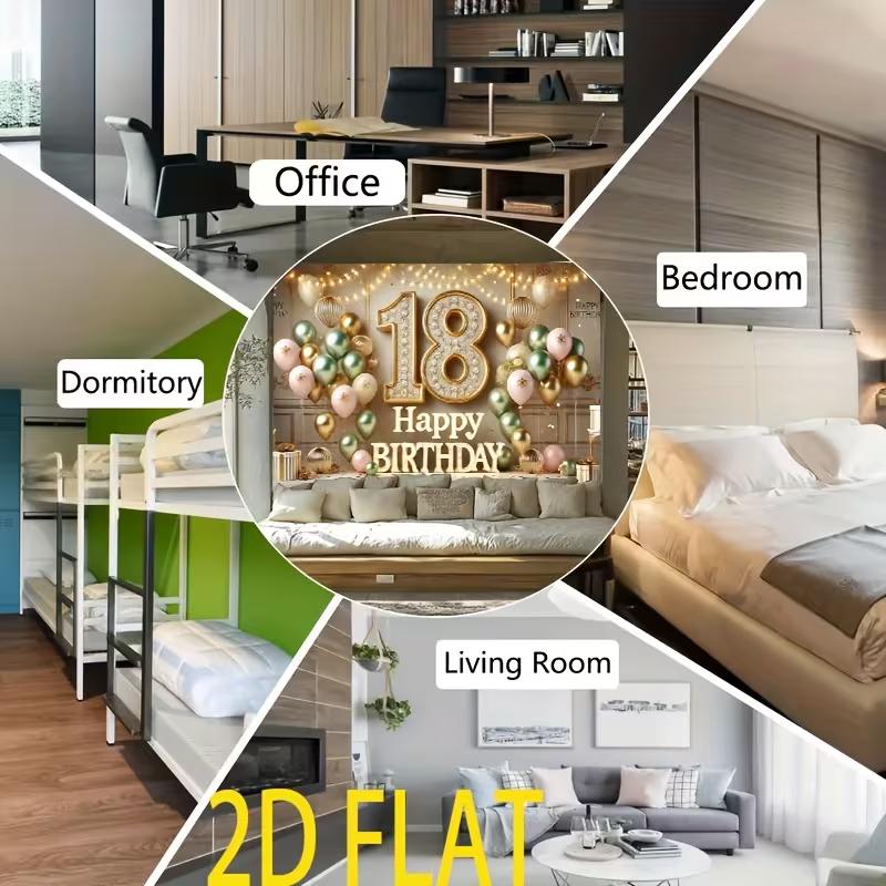 2D Flat Print Beige Gold 18th Birthday Tapestry Backdrop with String Lights