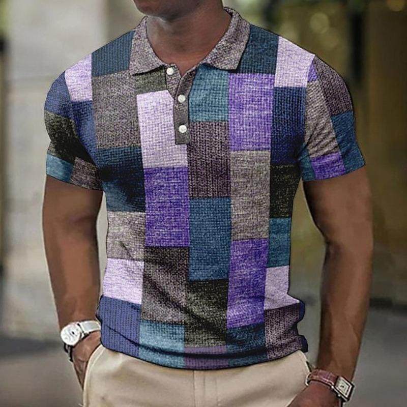 Independent Station Summer Men's Polo Shirt Button Plaid Pattern Printing Geometric Pattern D Digital Printing Trend