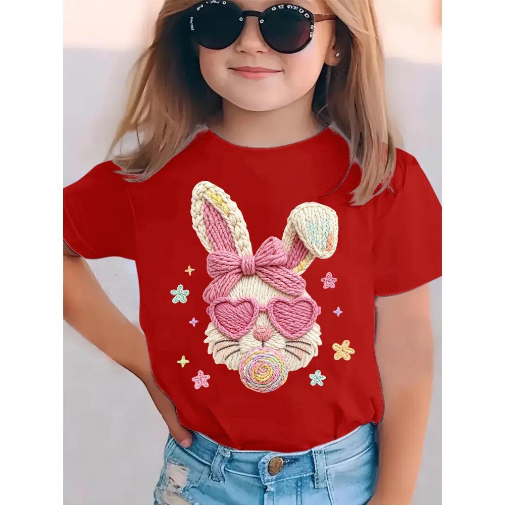 Summer 67 EASTER Bow Tie Hairpin Bunny Print Children's Polyester Tshirt Casual Girls Short Sleeved Shirts Fashion Kids Clothes Tee