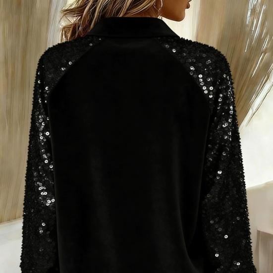 Damen Pailletten Samt Hemd Langarm Revers Bluse Lässig Glitzernd Knopfleiste Hemd für Party Date Bar Nachtclub