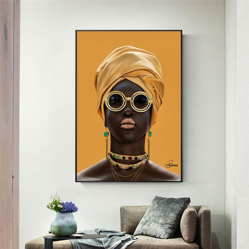 

Черная женщина в солнцезащитных очках, картина маслом на стене, холст, желтая африканская женщина, постер, настенные художественные фотографии, современный декор, Cuadros 60*90cm
