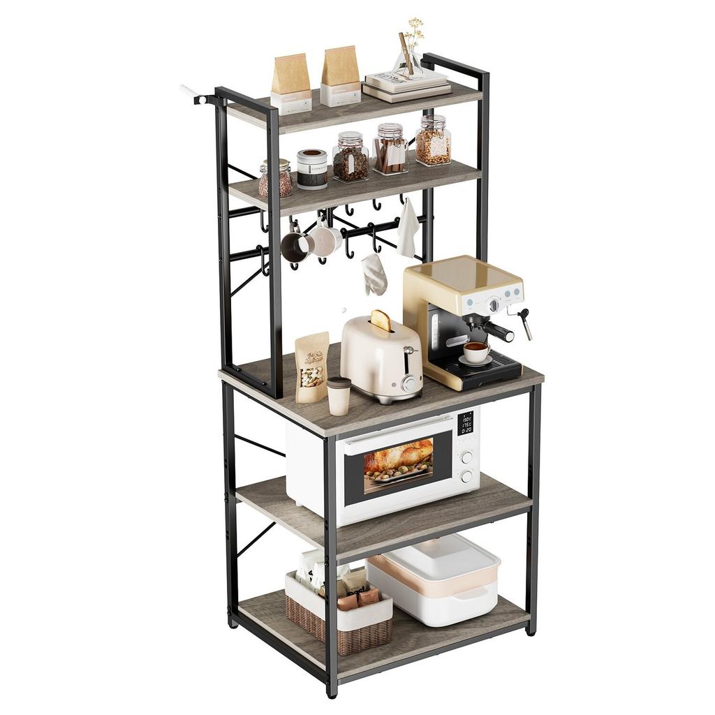 Kitchen Bakers Rack, 600 mm Width Bakers Rack, Kitchen Stand with X-Shaped Support Bar, 12 S-Shaped Hooks, Double-Layer Top Shelf, Coffee Bar Stand