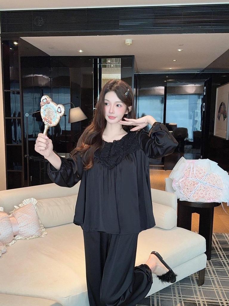 Spring Sweet Princess Lace Ice Silk Pajamas: Women's Loose Korean Court Style, Long Sleeve Pullover Top and Pants Set