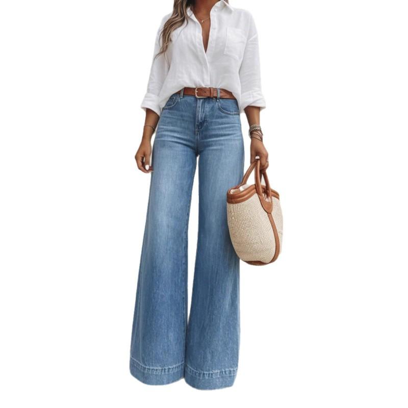 High Waist Loose Straight Jeans Women Light Wash Wide Leg Trousers Office Commute