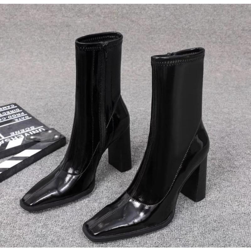 

Мода Новый Стиль Роскошные Женские Сапоги Осень Женская Мода Квадратный Высокий Каблук Лакированная Кожа Обувь Ботильоны Черные Женские Молния 39 чёрный