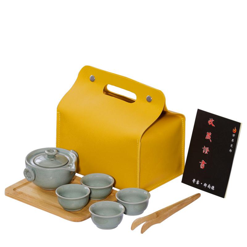 Ceramic Travel Tea Set, Kuaike, One Pot of Four Cups with Dry Bubble Plate, Outdoor Portable Bag, Business Gift.