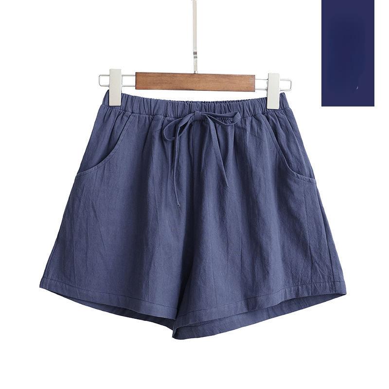 Women's Summer Cotton Linen Trousers Solid Color Elastic Waist Wide-leg Short Pants