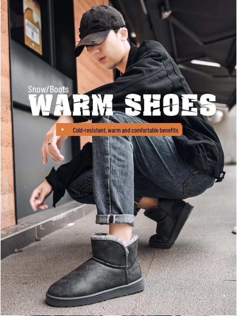 Men's Classic Leather Snow Boots - Thick Velvet, Cold-Proof, Waterproof, Short Winter Cotton Shoes