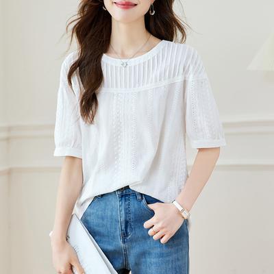 New Cotton Shirt for Women New Embroidered Cloth Pleated Short-sleeved Top for Women Commuting Chic Shirt for Women