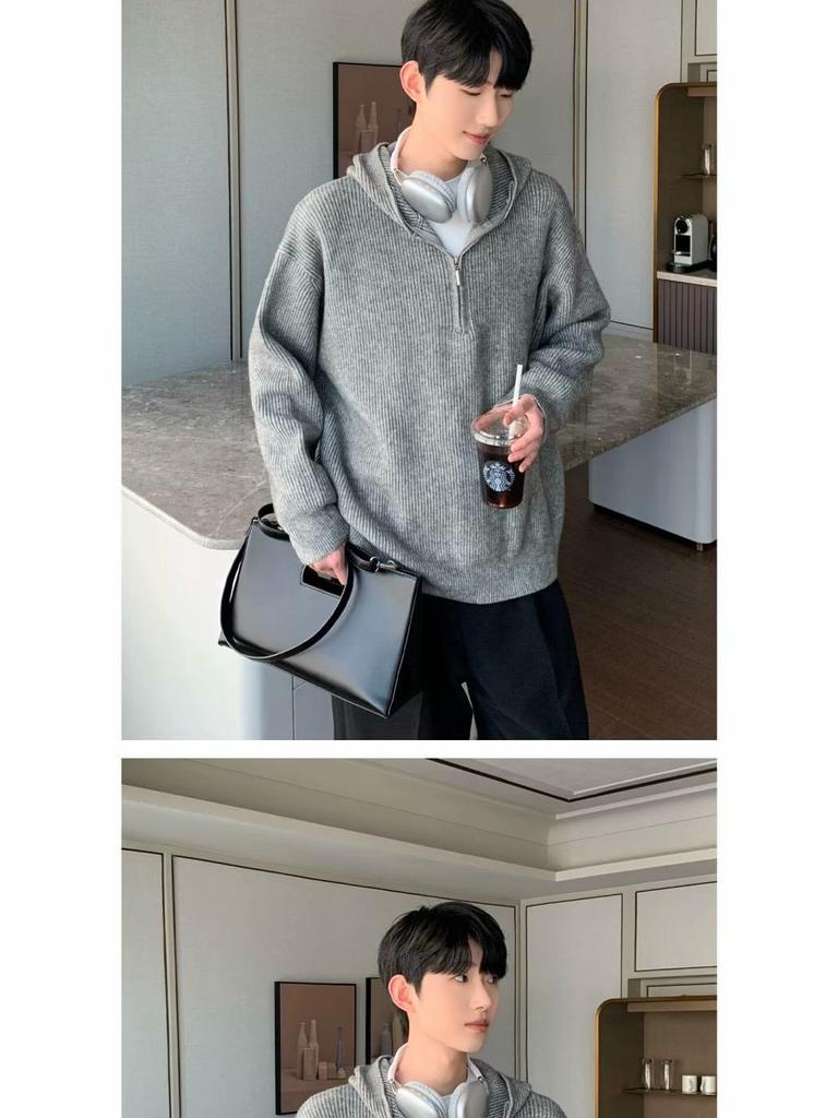 Men's Retro Half-Zip Loose Knitted Hoodie (Autumn/Winter Collection)
