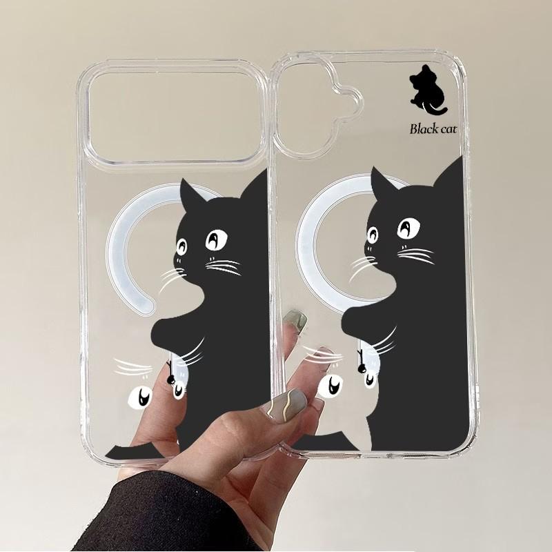 Magnetic Phone Case for iPhone 17 17E 16 16E 15 14 13 12 11 Air Pro Max Plus Cute Cat Pattern Transparent Soft TPU Slim Cover