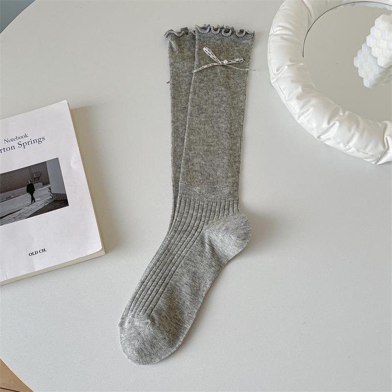 

Bow Calf Socks, Women s Spring and Summer Cotton Socks, Grey Black Ear-trimmed Pile Socks, Ballet-style White Long Socks 1 pair