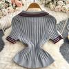 Summer Women College Style Knitted Sweater Two Piece Set Girl Polo Collar Pullover Top and Mini Pleated Skirt Suit