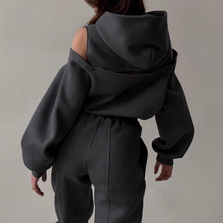 2026 Women's European & American Fashion Solid Color Two-Piece Set: Hooded Cropped Sweatshirt & Joggers