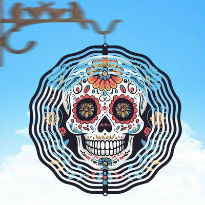 Mexican Day of The Dead Skull Wind Chime - Handcrafted Metal Outdoor Garden Decor with Colorful Cultural Designs, 360° Rotation