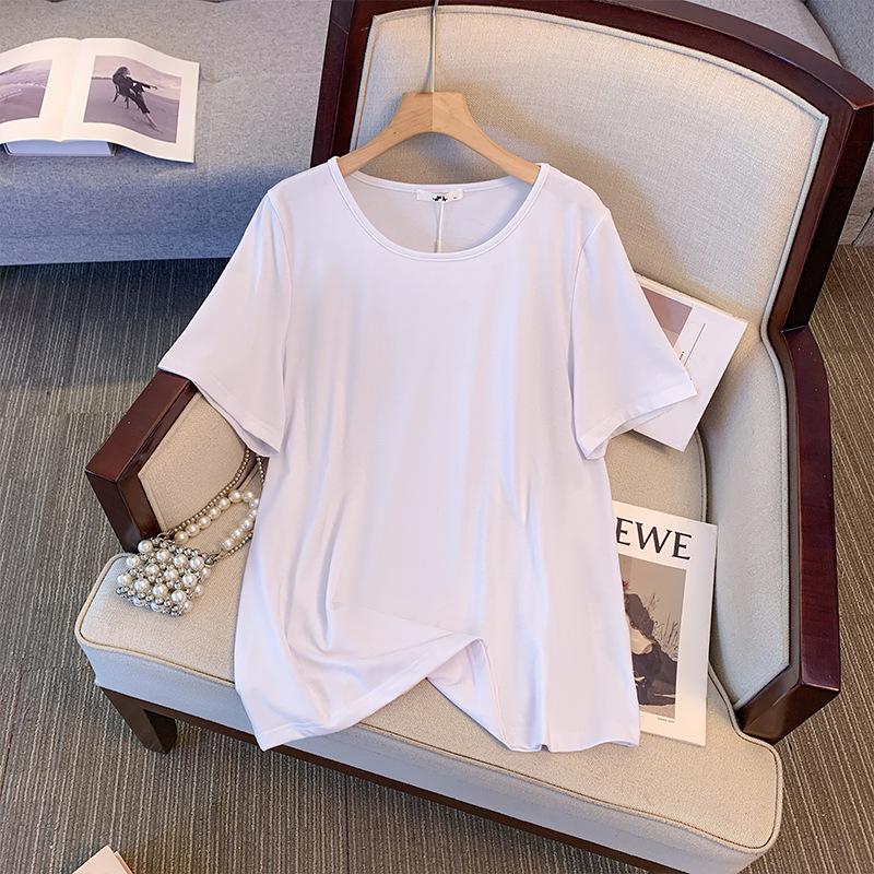 Deformation Strategy Plus Size Women's Loose Solid Color Slimming T-shirt - Short Sleeve Spring/Summer Top